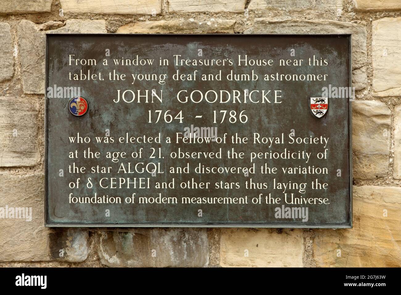 Plaque commemorating astronomer John Goodricke at the Treasurers House, York, UK. Stock Photo