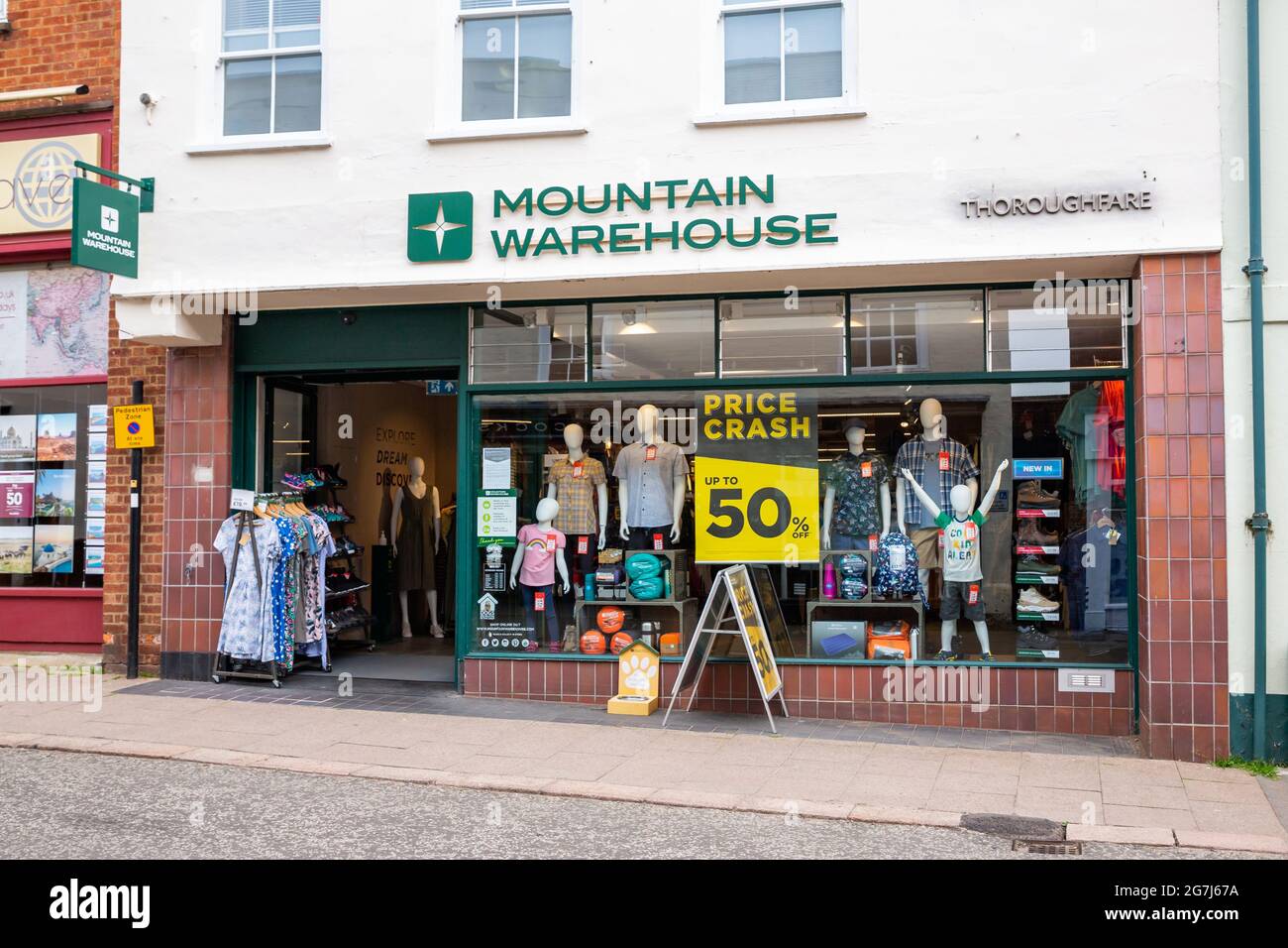 Woodbridge Suffolk UK June 04 2021: Exterior view of a Mountain Warehouse store in Woodbridge town centre Stock Photo