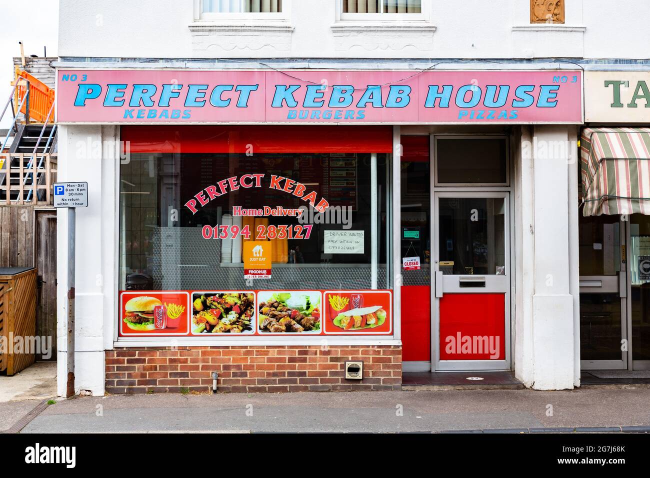 Felixstowe Suffolk UK May 27 2021: Exterior of a kebab shop in Felixstowe town centre Stock Photo