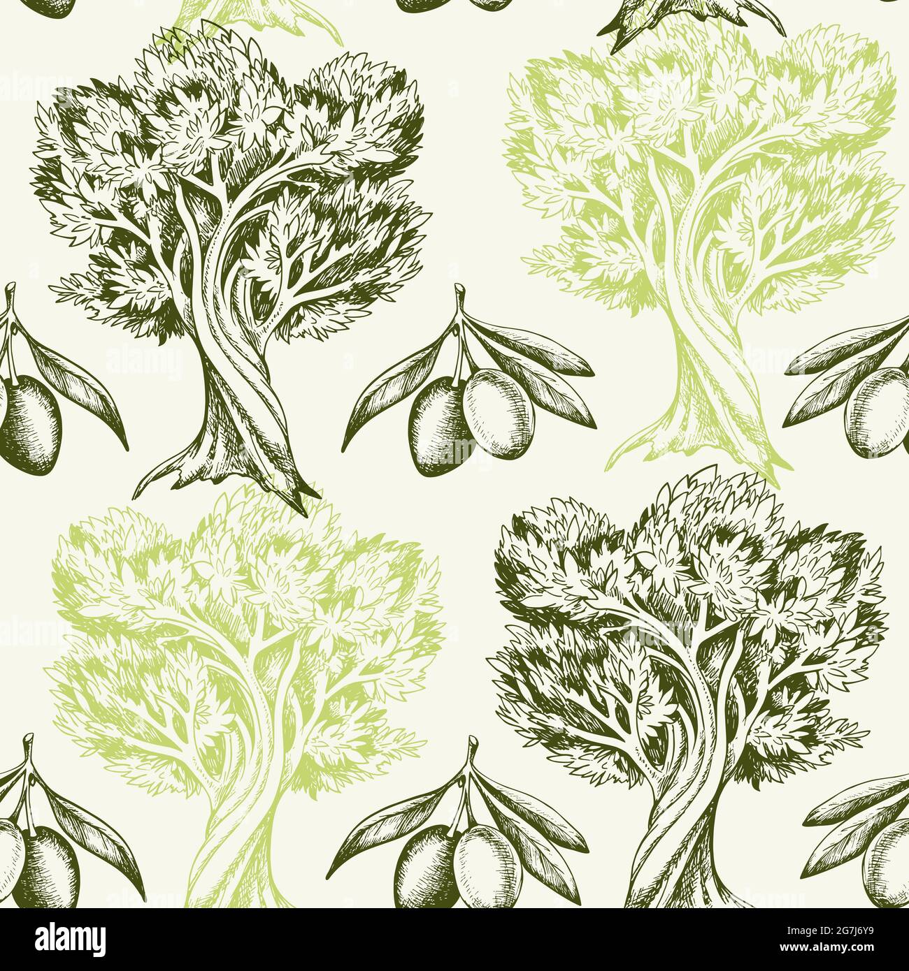 Vintage hand drawn seamless pattern with olives and olive tree Stock ...