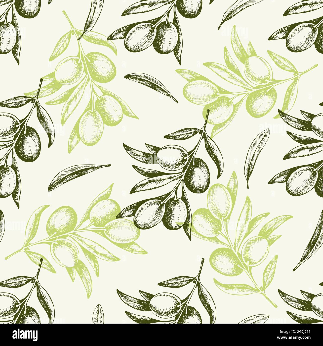 Vintage hand drawn seamless pattern with green olives and olive branch ...