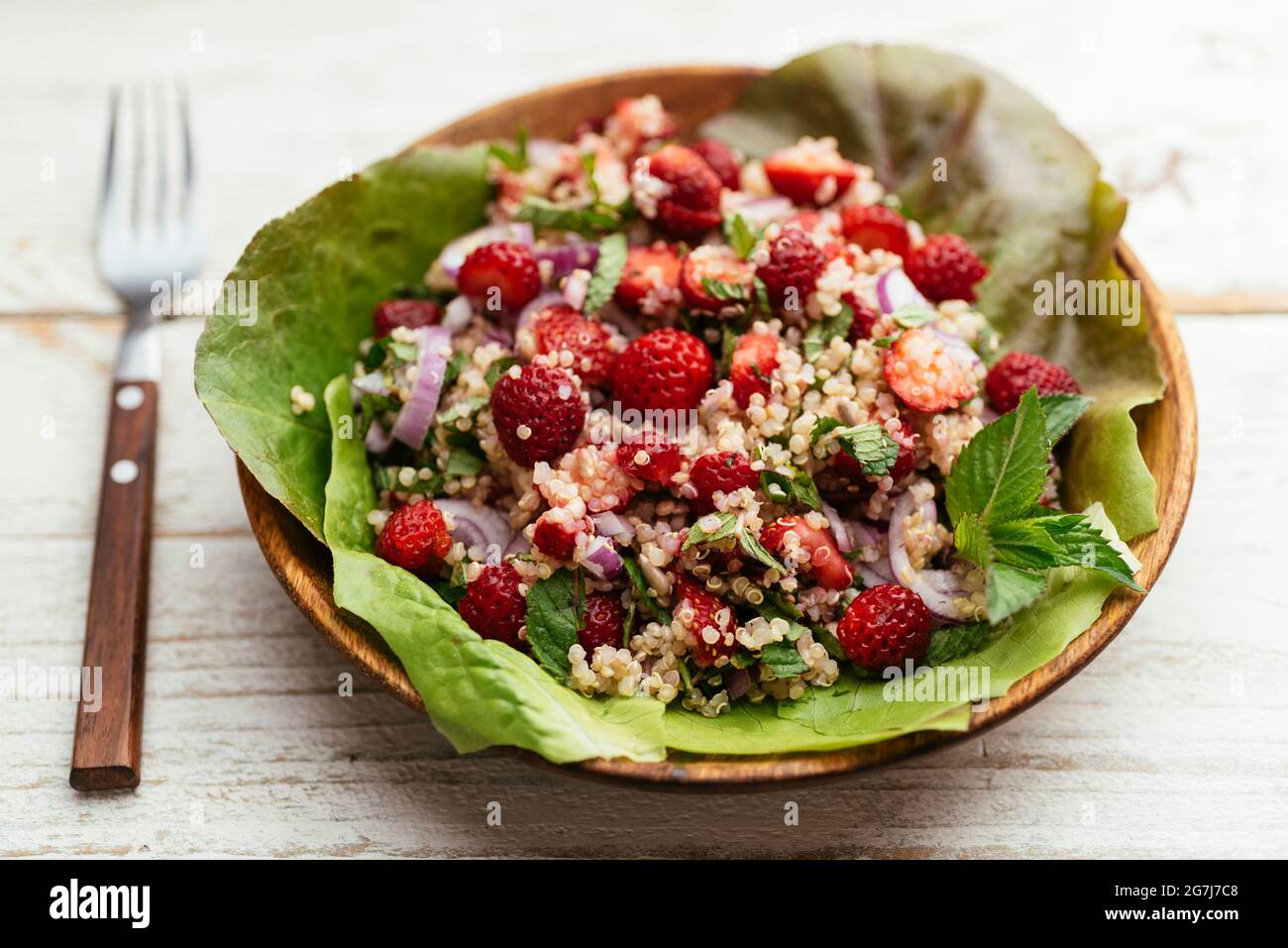 Home made vegan strawberry, mint and quinoa salad Stock Photo