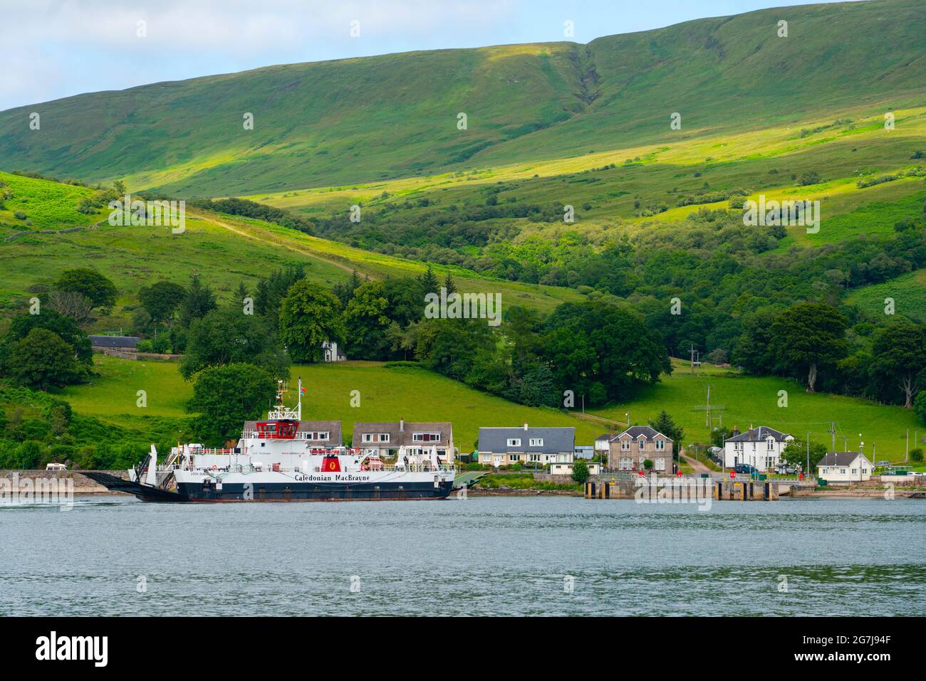 Caledonian Macbrayne ferry Loch Dunvegan crossing Kyles of Bute between Rhubodach on the  Isle of Bute and Colintraive in Argyll and Bute, Scotland, U Stock Photo