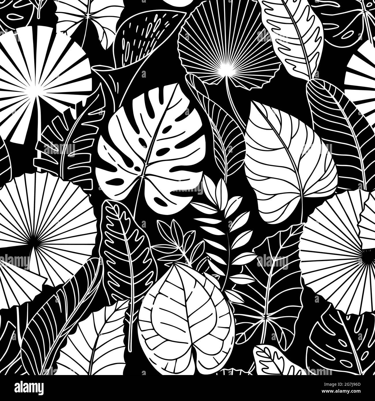 Seamless pattern with white tropical leaves on black background Stock