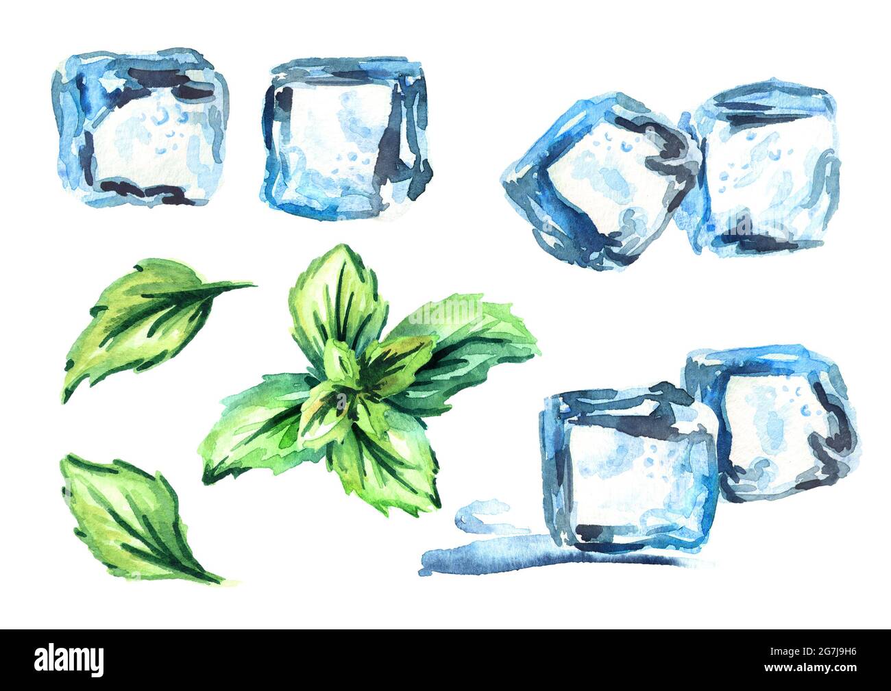 Ice cubes and fresh mint isolated on white background set. Watercolor hand drawn illustration Stock Photo