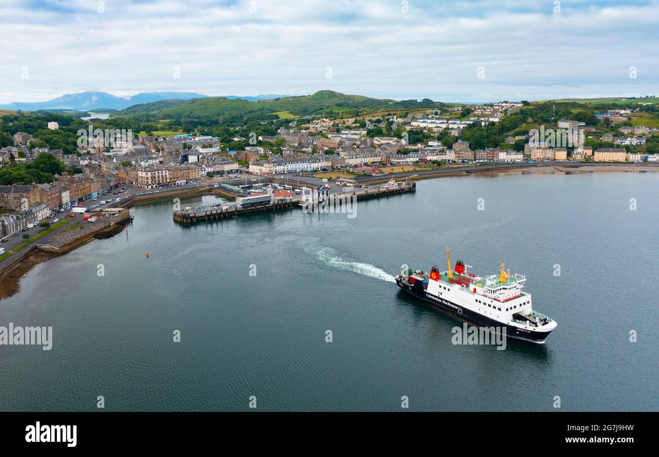 Aerial view from drone of Rothesay with Caledonian Macbrayne ferry Argyle on Isle of Bute, Argyll and Bute, Scotland, UK Stock Photo