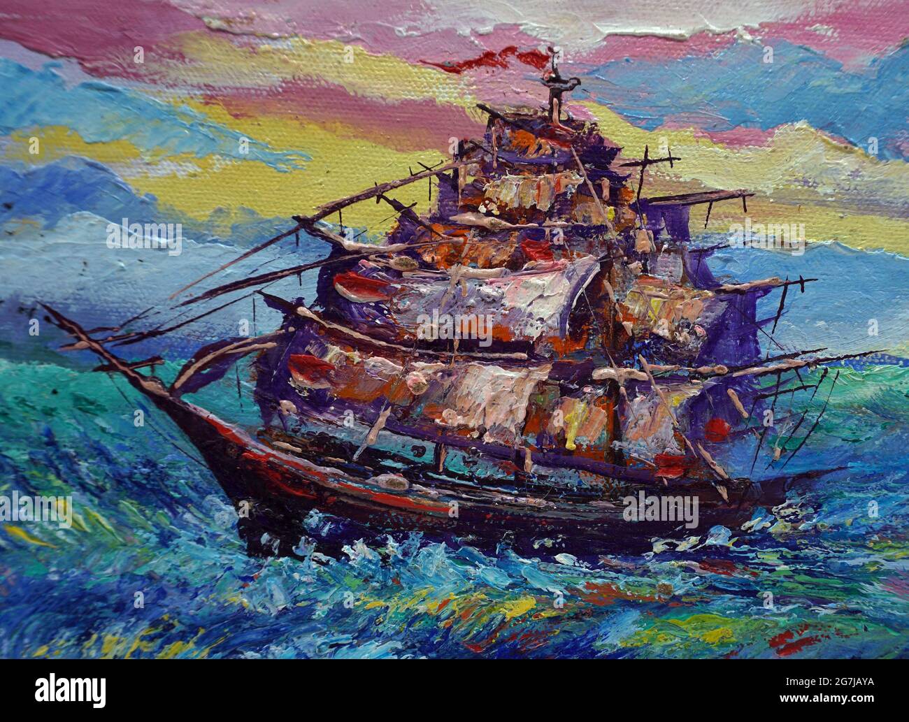 Art painting Oil color  sail boat in sea , coast , seascape , sea , Beach , wave , view , seashore , seaboard , bay Stock Photo