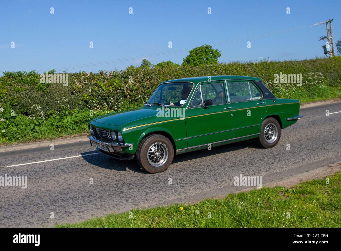 1978 70s green Triumph Dolomite 1854cc petrol 4dr saloon en-route to Capesthorne Hall classic May car show, Cheshire, UK Stock Photo