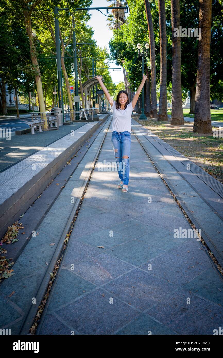 Standing on VTA Light Rail Tracks in Downtown San Jose Stock Photo