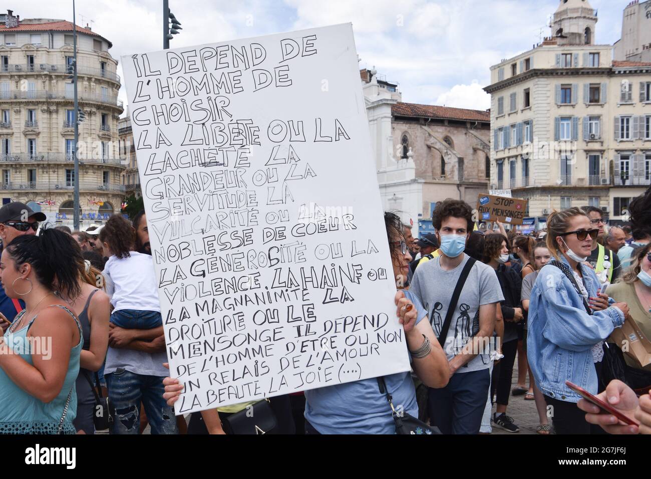 Marseille France 14th July 21 A Protester Holds A Placard During The Demonstration Against The Health