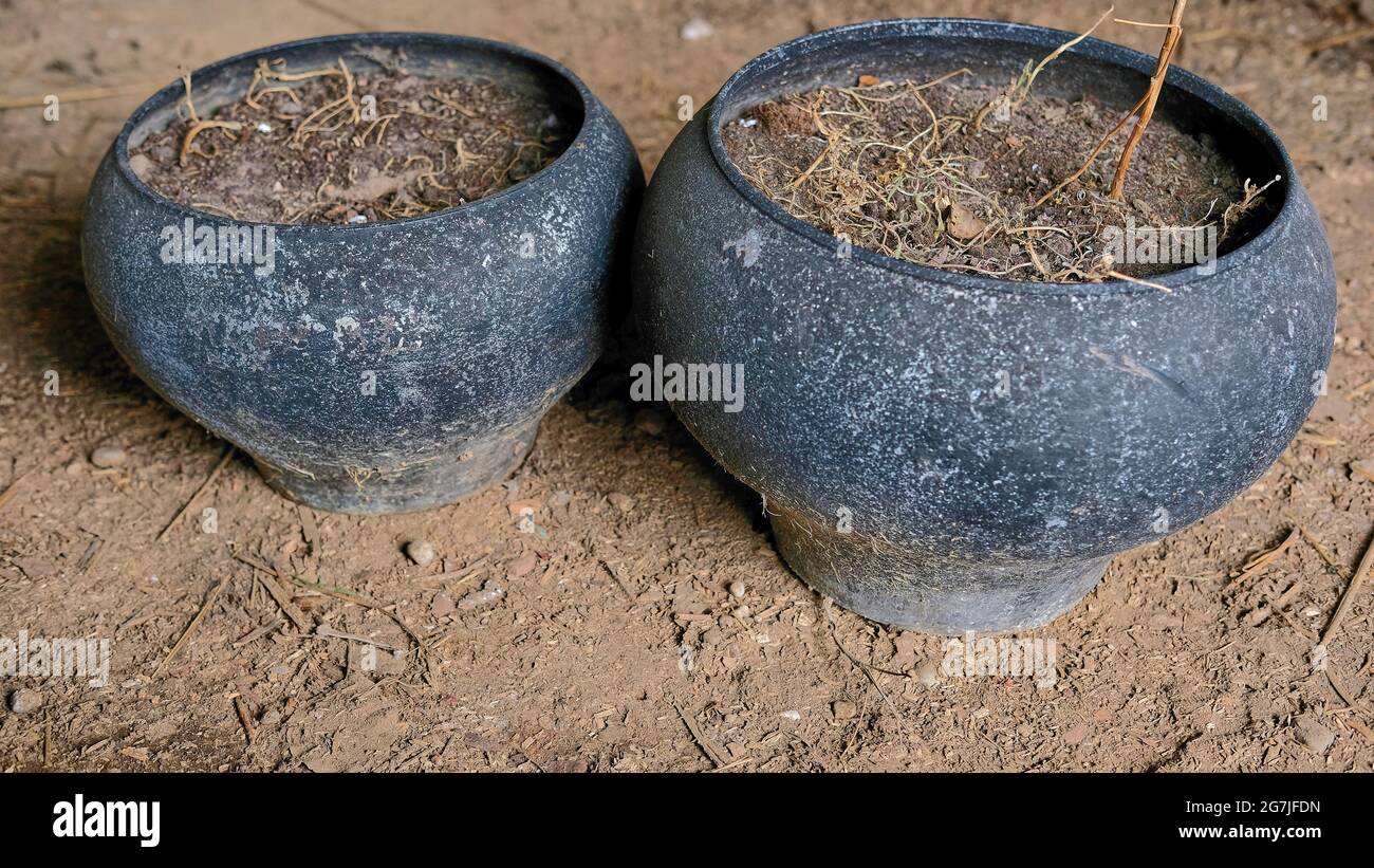 Two old black cast iron with earth inside Stock Photo