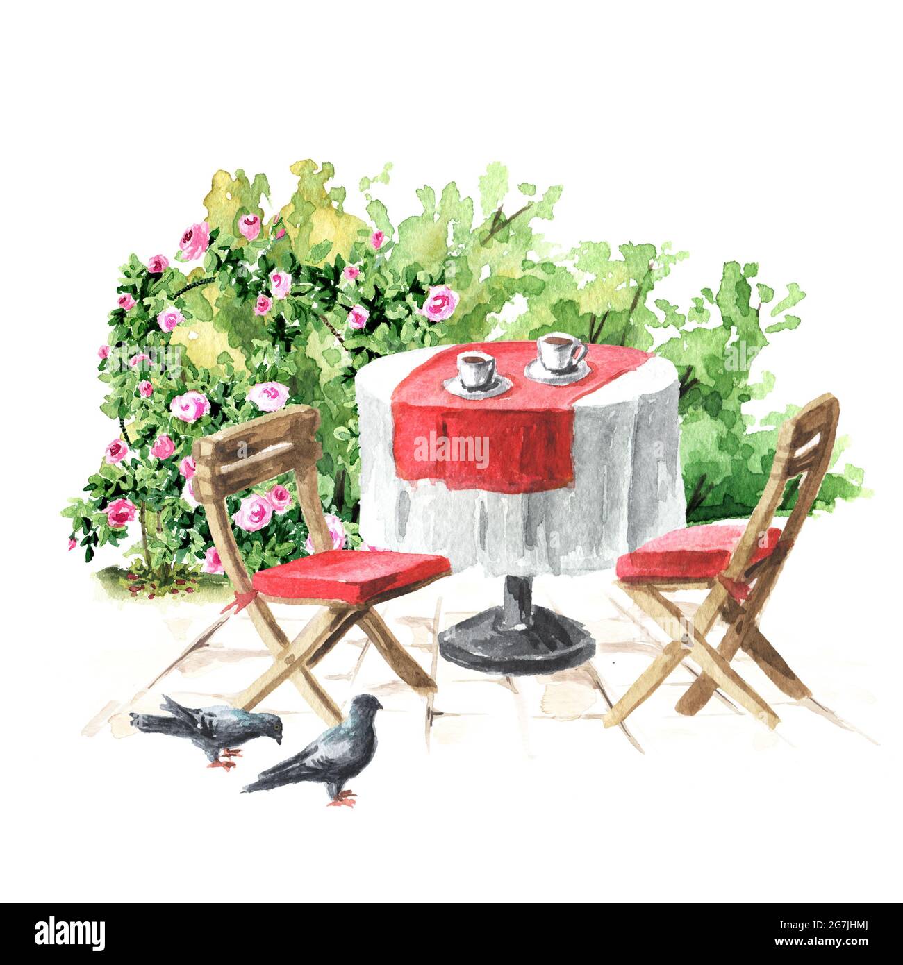 Summer cafe. Table and chairs near the rose bush. Watercolor hand drawn illustration, isolated on white background Stock Photo