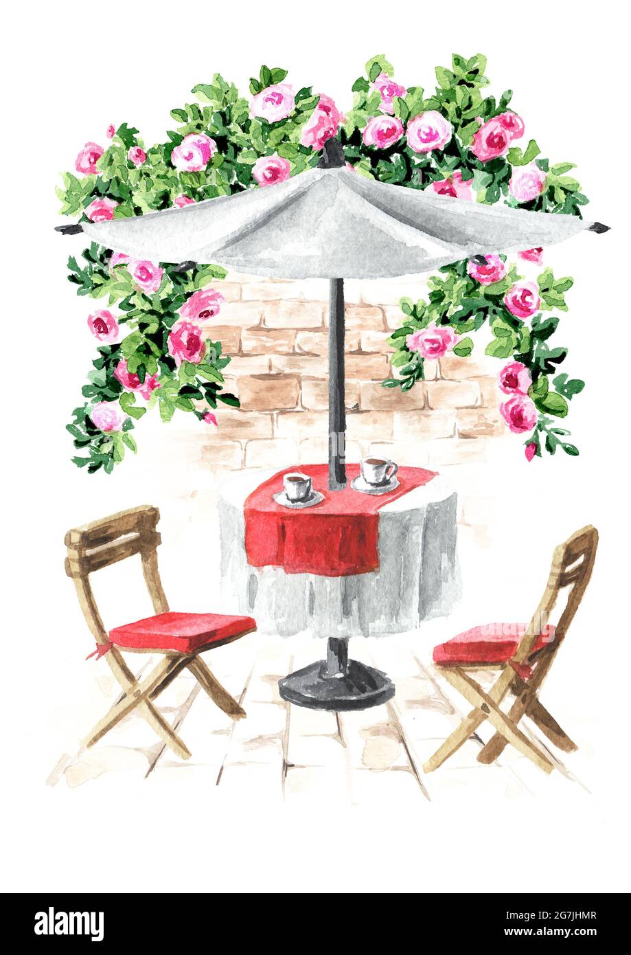 Summer cafe. Table, umbrella and chairs near the rose bush, Watercolor hand drawn illustration, isolated on white background Stock Photo