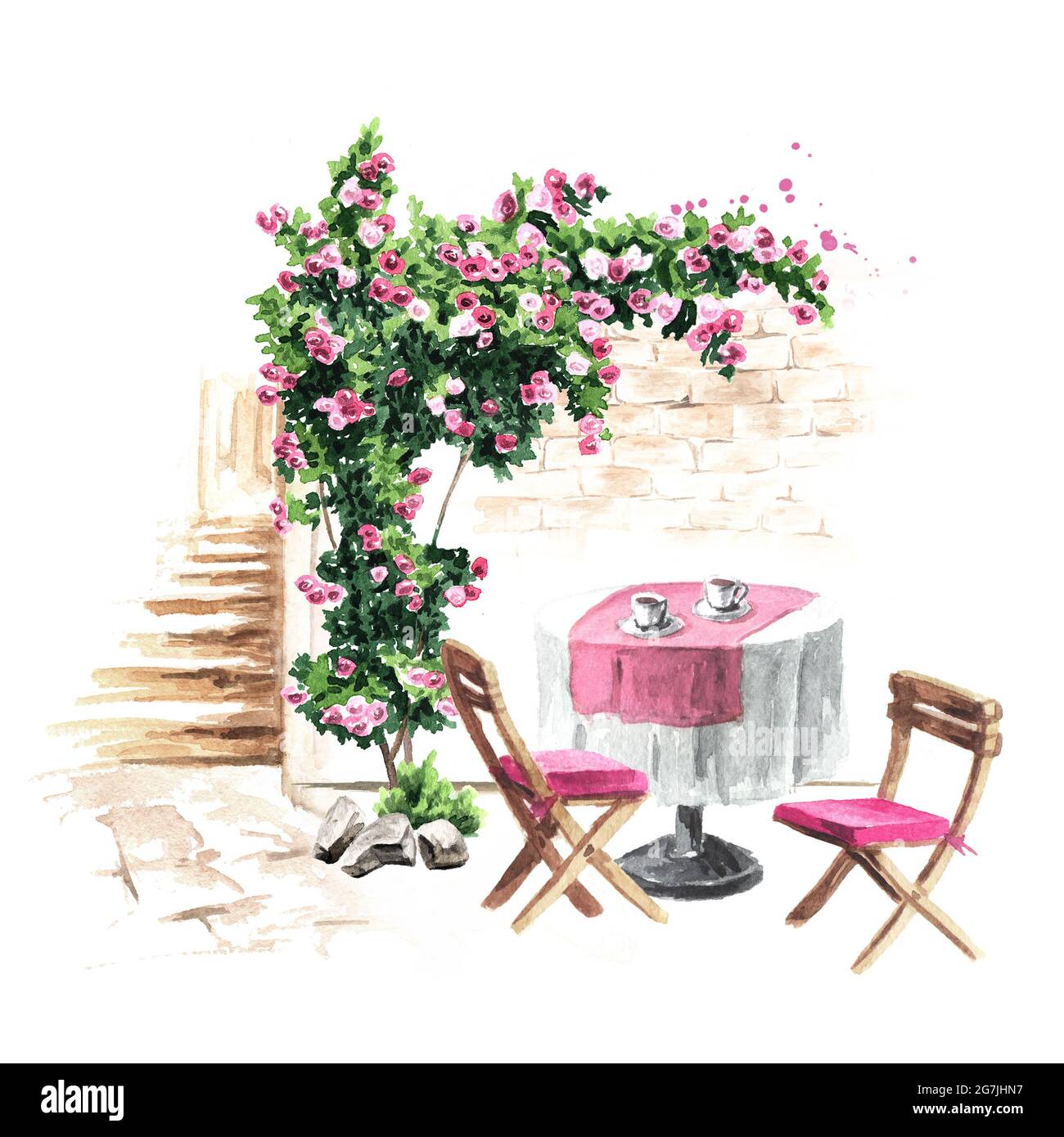 Summer cafe. Table and chairs near the rose bush, Watercolor hand drawn illustration, isolated on white background Stock Photo