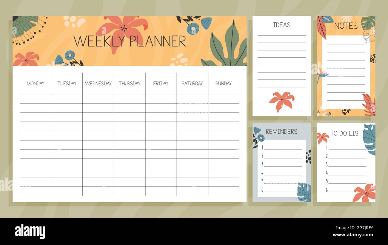 Tropical weekly planner and paper notes set concept. with hand drawn illustrations. Stock Vector