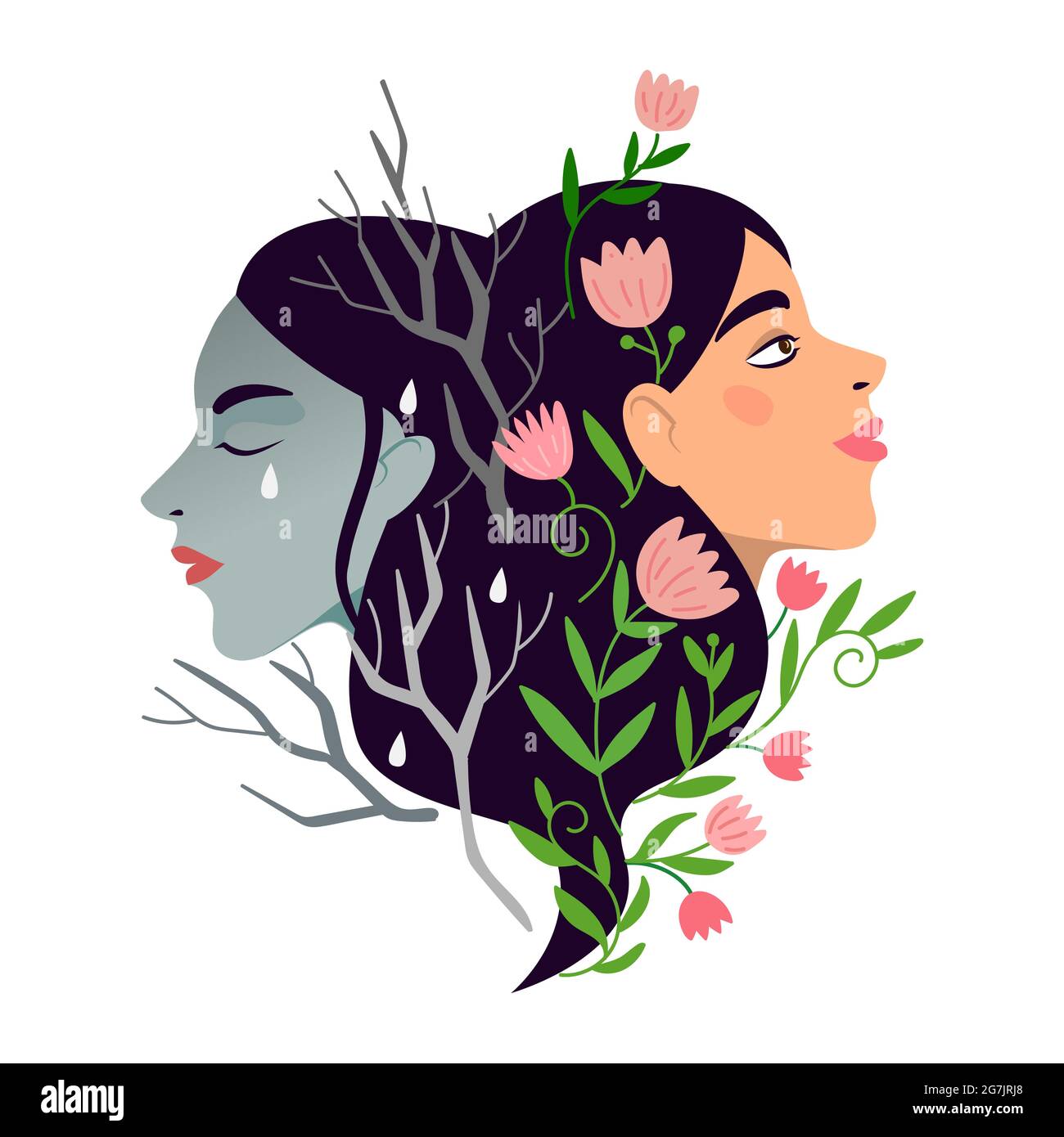 Two women with different states of consciousness mind depression and positive mental health. Burnout and productive woman. Vector psychotherapy or psy Stock Vector