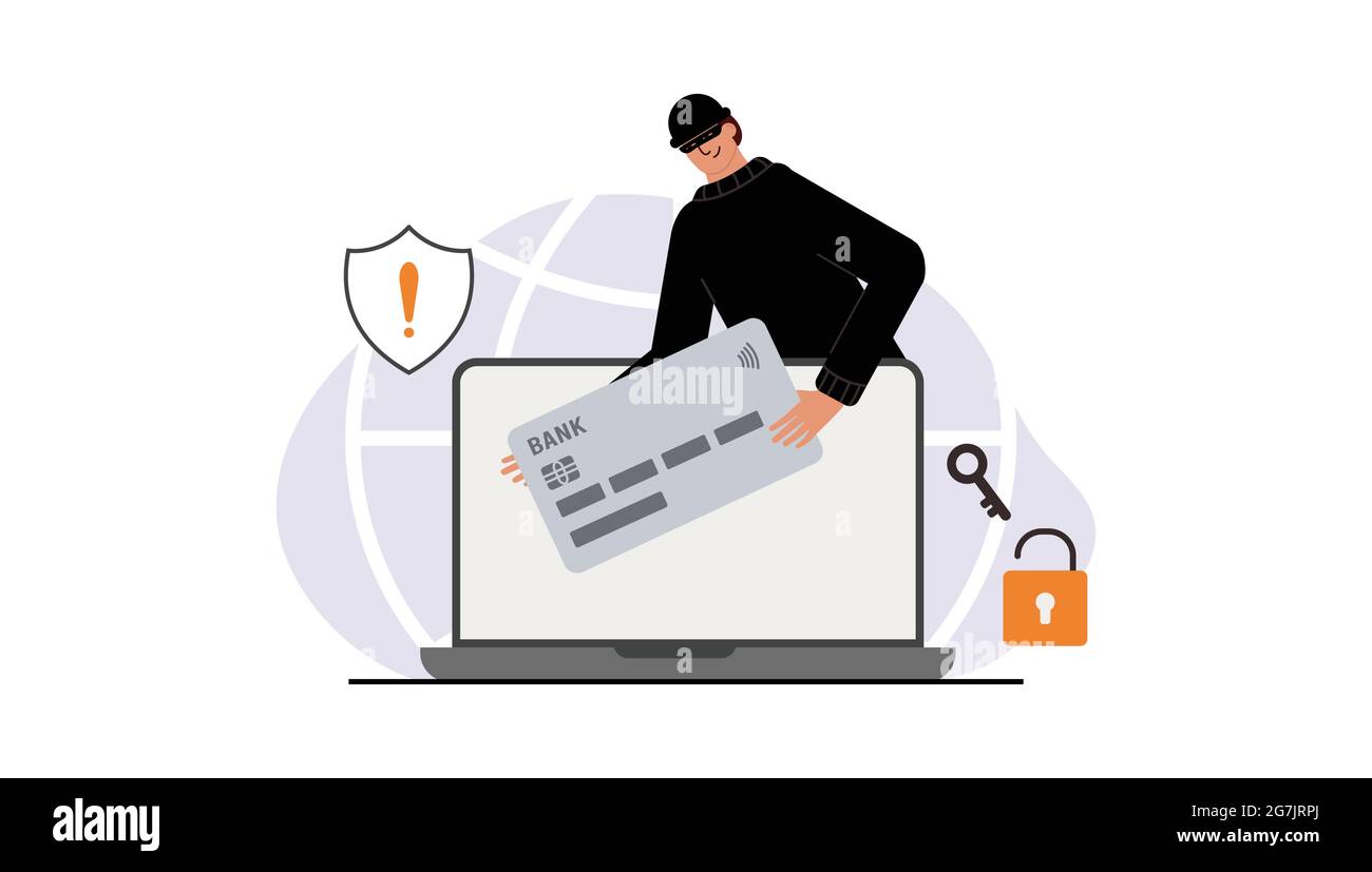 Hacker attack. Fraud with user data on social networks. Credit or debit card theft. Internet phishing, hacked username and password. Cybercrime and Stock Vector