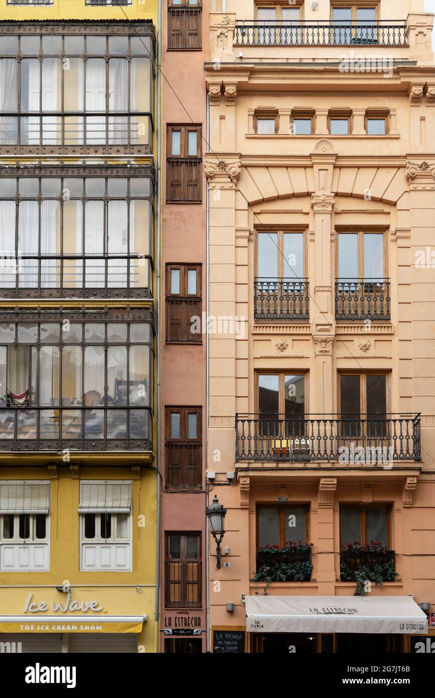 Valencia, Spain - March 02 2020: Facade of beautiful historic apartment houses in Spain Stock Photo