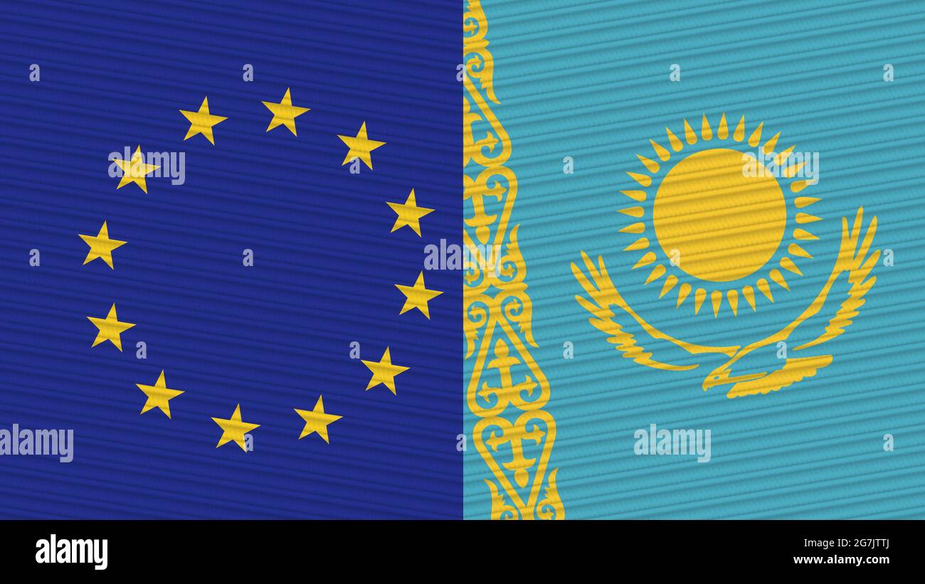 Kazakhstan and European Union Two Half Flags Together Fabric Texture