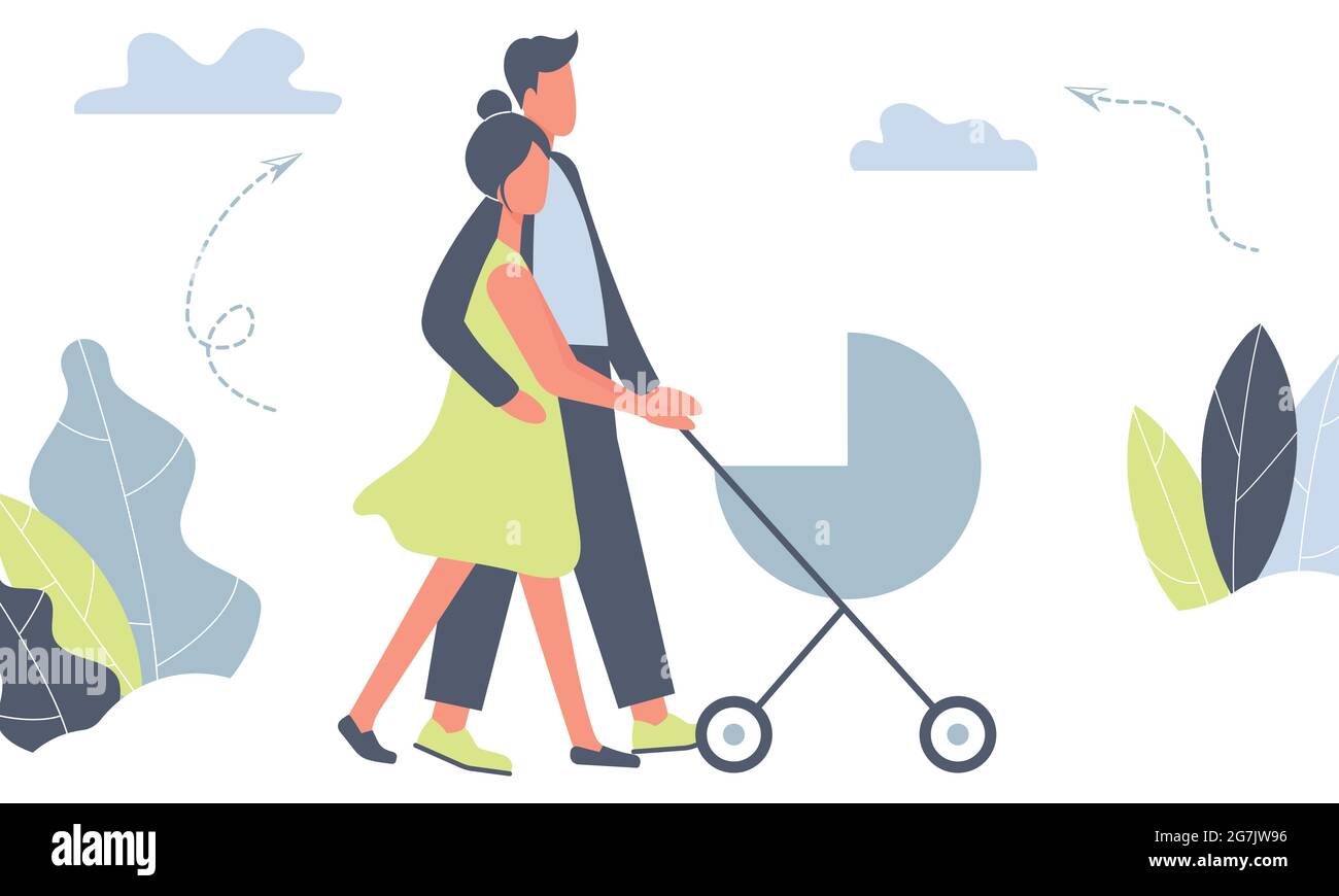 Happy mother and father on walk with newborn in stroller. Parents pushing pram with child in park. Young mom and dad with baby in pushchair Stock Vector