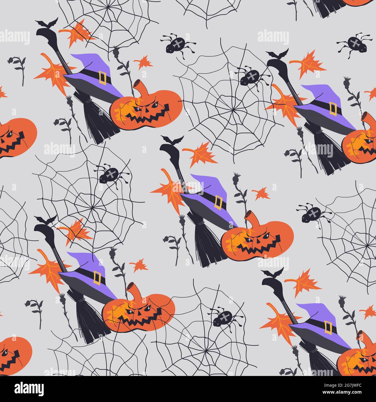Halloween seamless pattern with witches broom and pumpkin, flat cartoon ...