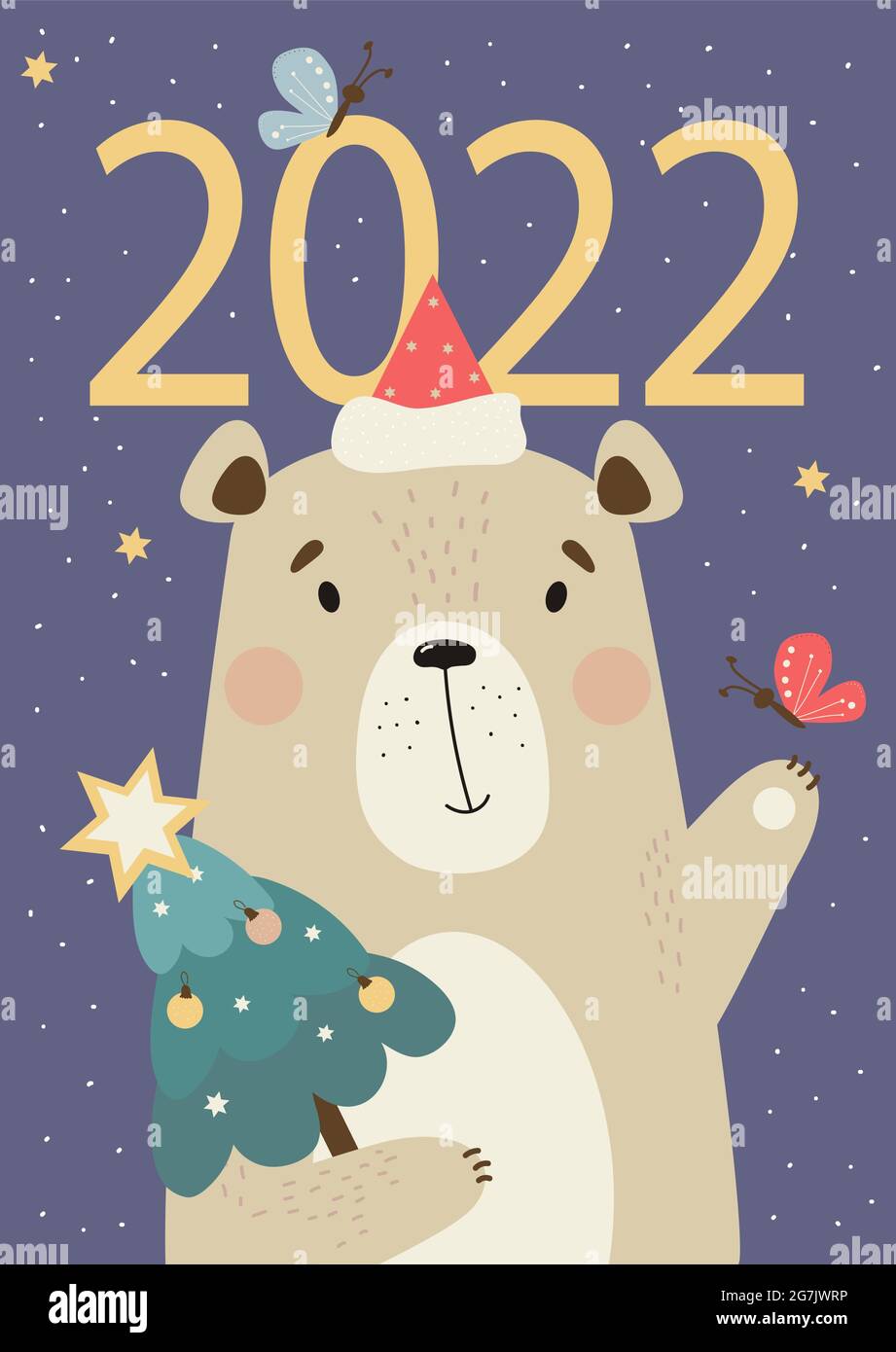 Christmas Bear 2022 Bear Calendar Cover 2022. Cute Bear In A Santa Hat With Christmas Tree And  A Butterfly On A Purple Background With Decor. Vector Illustration In A Fla  Stock Vector Image & Art -