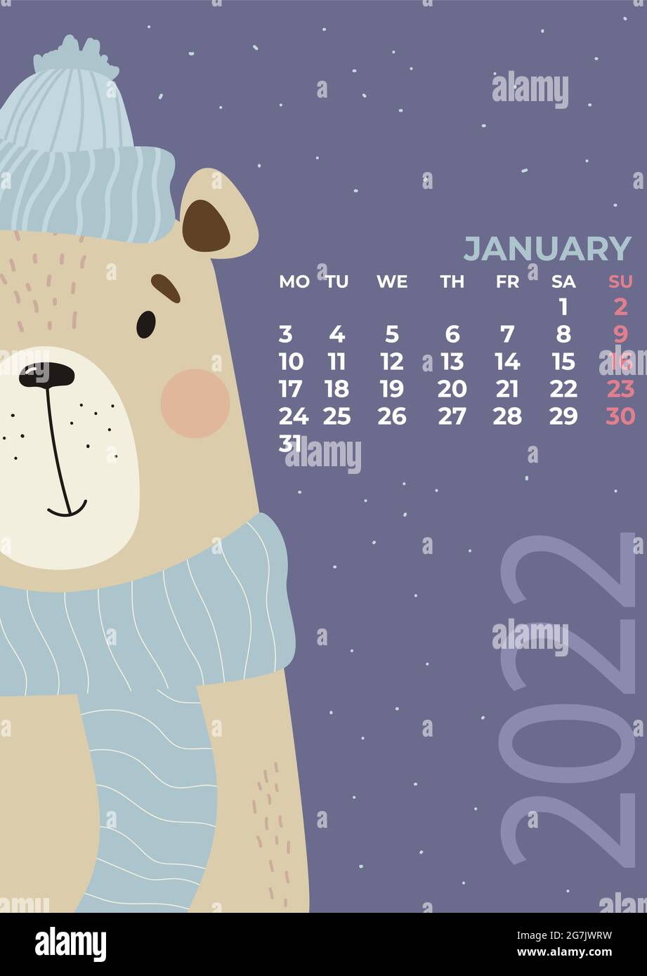 january 2022 calendar cute winter bear in a hat and scarf on a bright background vector illustration in flat style vertical template week from mon stock vector image art alamy