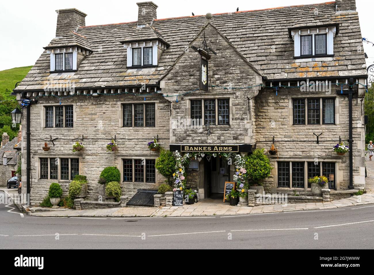 Corfe Castle, Dorset, England - June 2021: exterior view of the entrance to the Bankes Arms pub in the village. Stock Photo