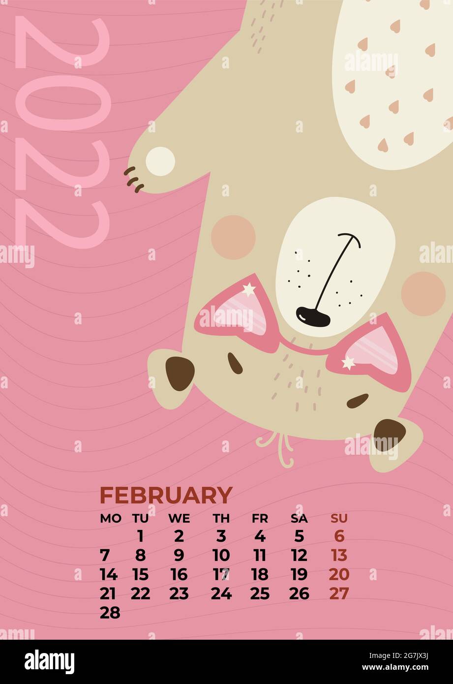 bear calendar february 2022 cute teddy bear with glasses in the shape of hearts on a pink background vector illustration vertical template week f stock vector image art alamy