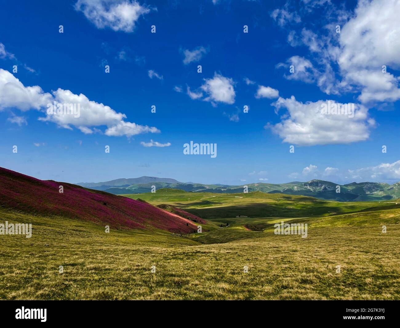 Beautiful view of an empty field in the hills under a bright blue ...
