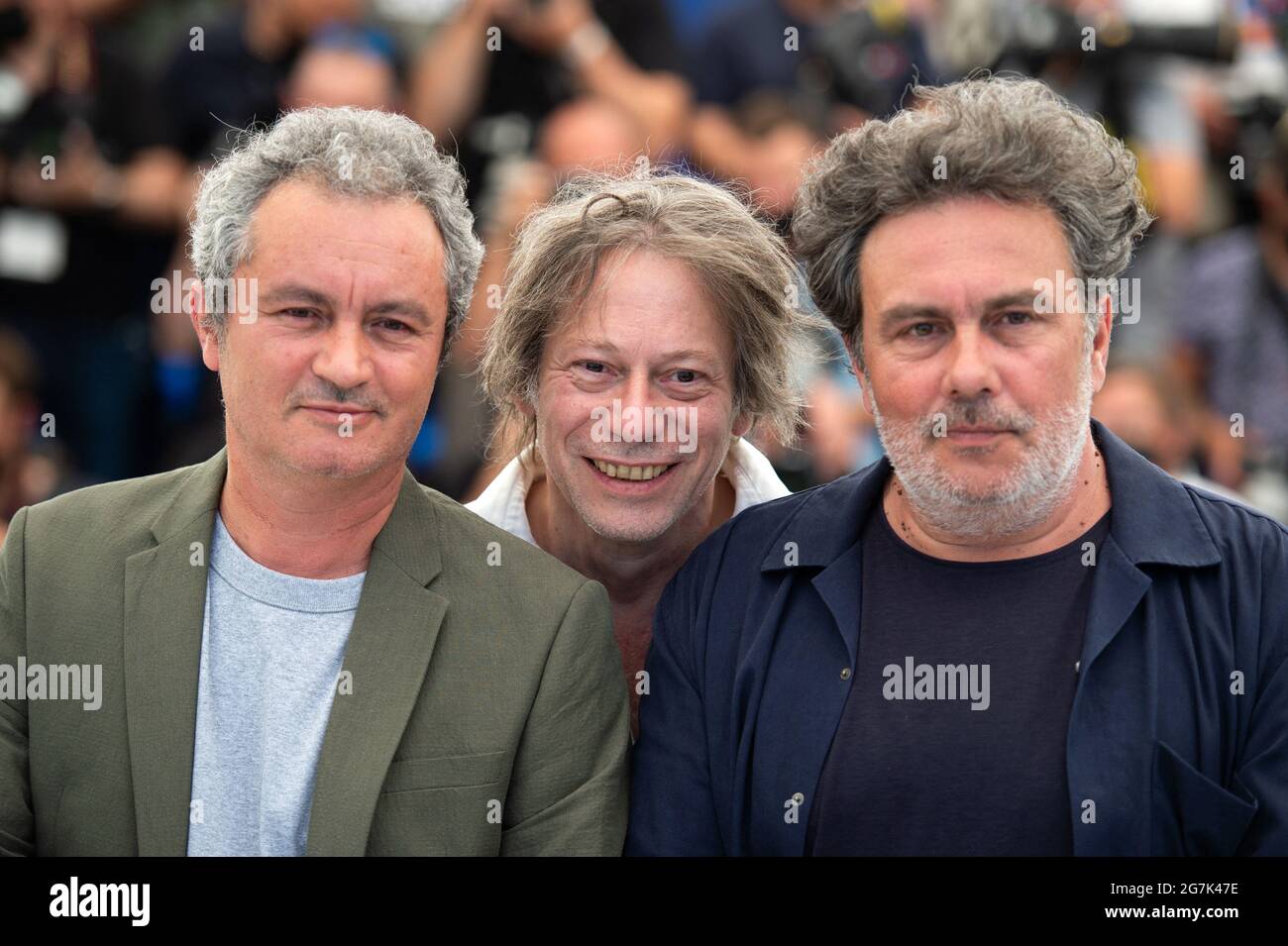 Cannes, France, 14th July 2021. Jean-Marie Larrieu, Arnaud Larrieu, Mathieu  Amalric attending the Tralala Photocall as part of the 74th Cannes  International Film Festival in Cannes, France on July 14, 2021. Photo
