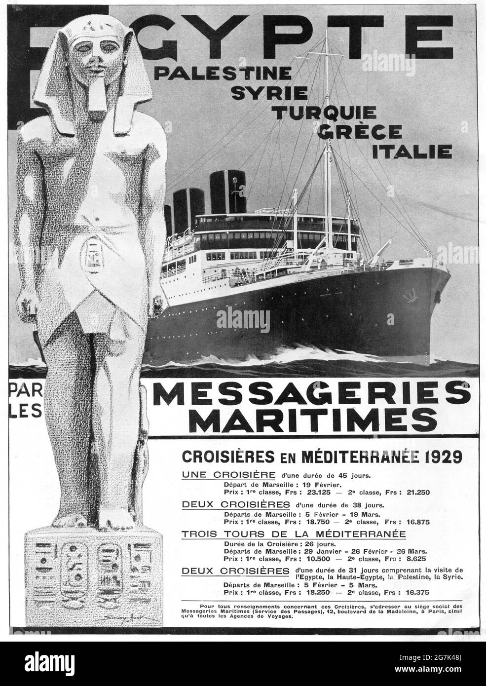 Vintage French 'MESSAGERIES MARITIMES CROISIÈRES EN MÉDITERRANÉE 1929' Advertisement (A3+ poster quality, 600dpi) Stock Photo