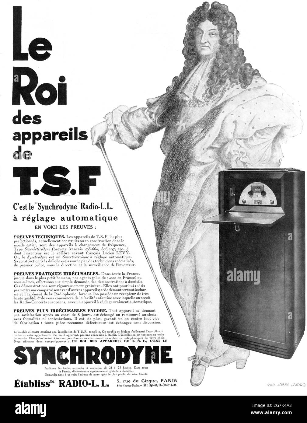 Vintage French 'Le Roi des appareils de TSF / C’est le Synchrodyne Radio-LL à réglage automatique ' Synchrodyne Radio Advertisement (A3+ high res) Stock Photo