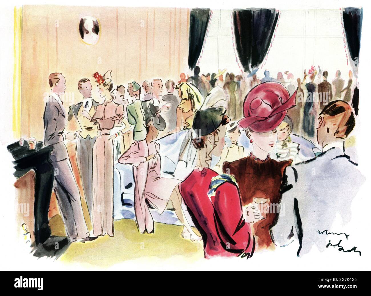 Cocktail Party, roaring 20s, French Watercolor printed in L'Illustration magazine in 1939 Stock Photo