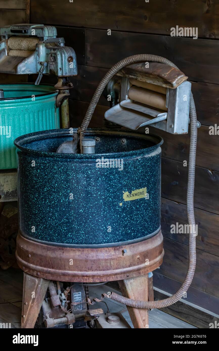 Wringer washer in Davey's Store in Garnet, a gold mining ghost town,Montana, USA Stock Photo