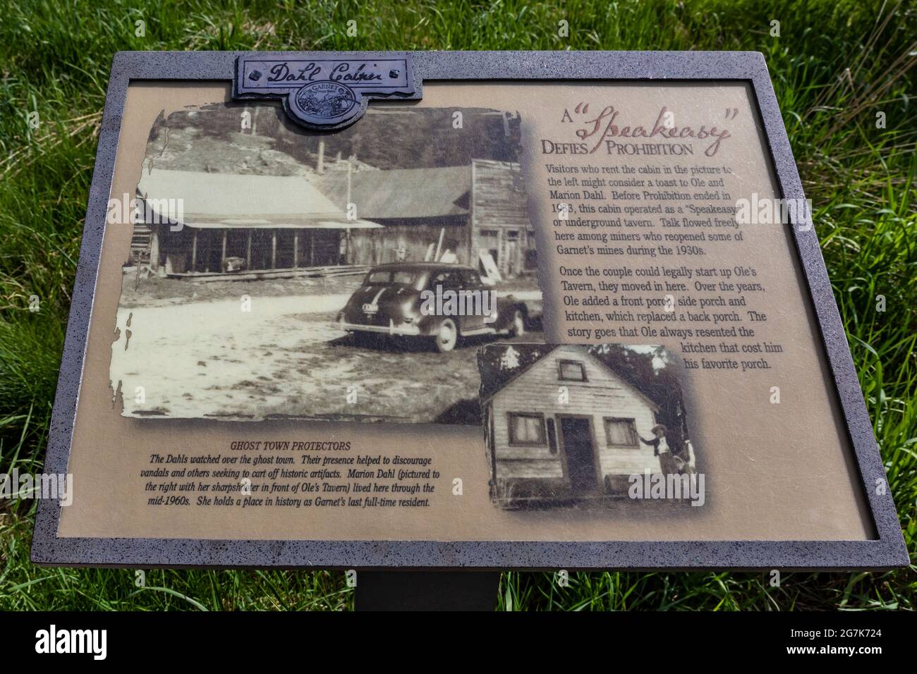 Interpretive sign telling story of a speakeasy in Garnet ghost town,Montana, USA Stock Photo