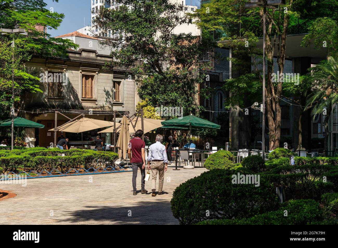 Restaurants and cafe surrounded by the beautiful gardens of Casa das Rosas estate, where surrounding workers can relax between work breaks. Stock Photo