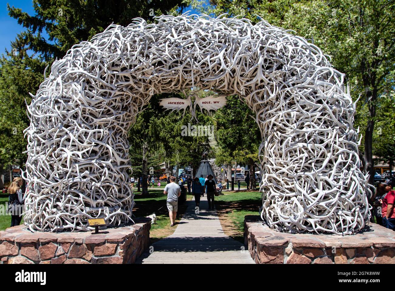 Jackson hole, Wyoming, USA, May 29, 2021 Elk Antler Arches at the