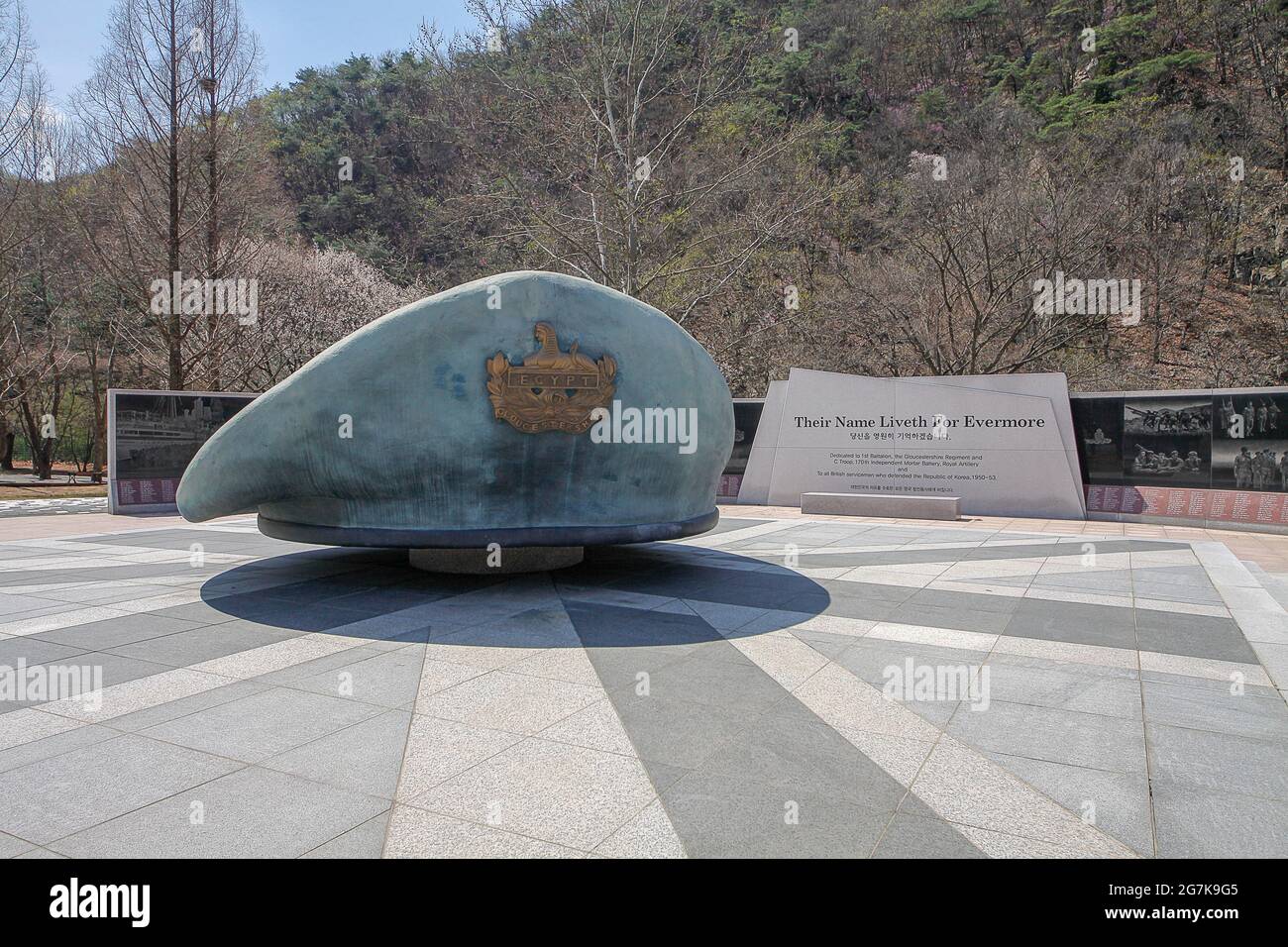 April 11, 2018-Goyang, South Korea-A View of Korean War England contingent monument of Gloster Hill Memorial Park in Paju, South Kroea. The memorial stands at the foot of Gloster Hill beside the Seolmacheon stream, the initial location of the Gloucestershire Regiment's headquarters during the battle at Imjin River. It was built by units of the British and South Korean armed forces as a memorial to the Gloucestershire Regiment and C Troop, 170th Mortar Battery, Royal Artillery. Stock Photo