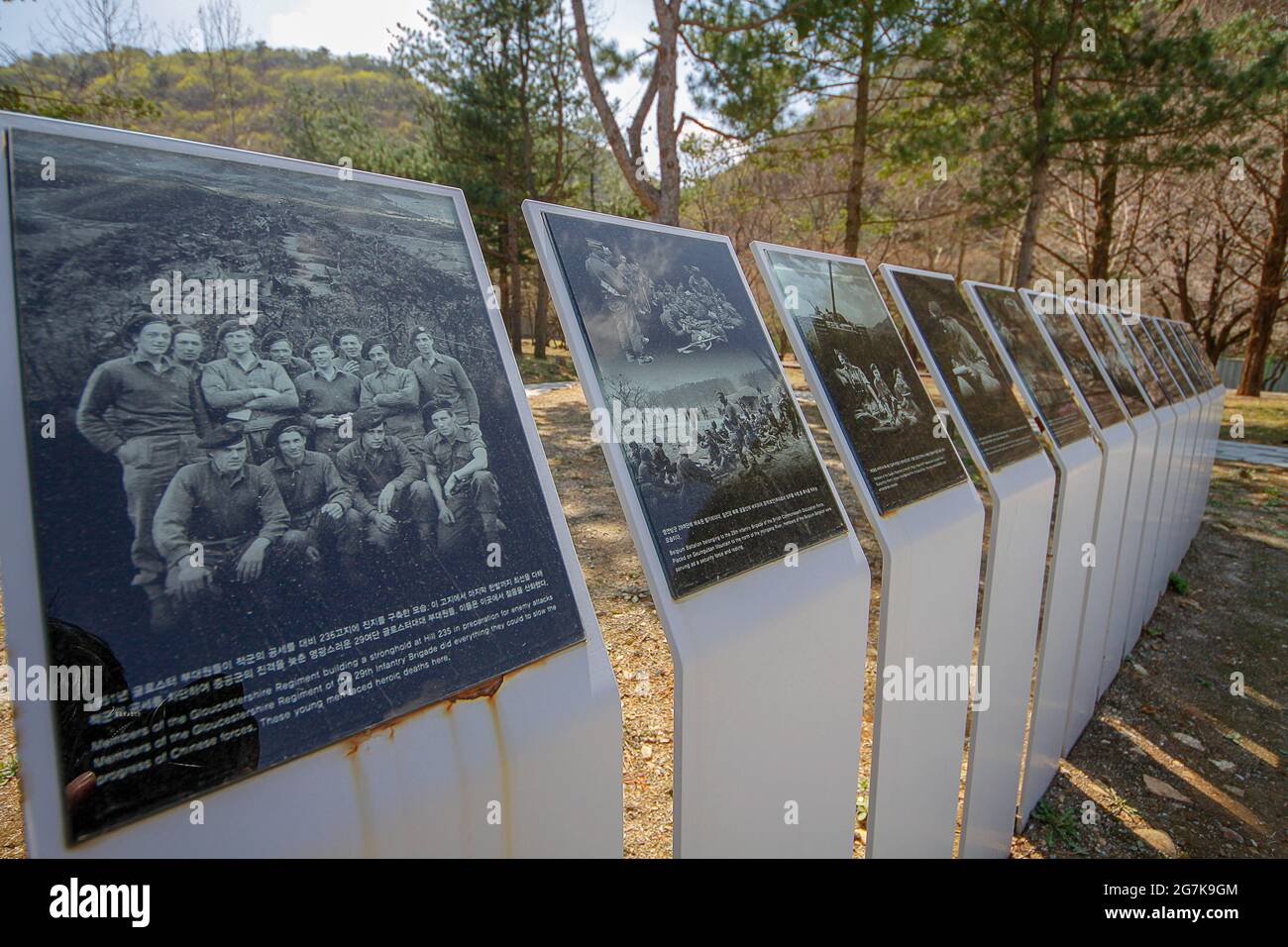 April 11, 2018-Goyang, South Korea-A View of Korean War England contingent monument of Gloster Hill Memorial Park in Paju, South Kroea. The memorial stands at the foot of Gloster Hill beside the Seolmacheon stream, the initial location of the Gloucestershire Regiment's headquarters during the battle at Imjin River. It was built by units of the British and South Korean armed forces as a memorial to the Gloucestershire Regiment and C Troop, 170th Mortar Battery, Royal Artillery. Stock Photo
