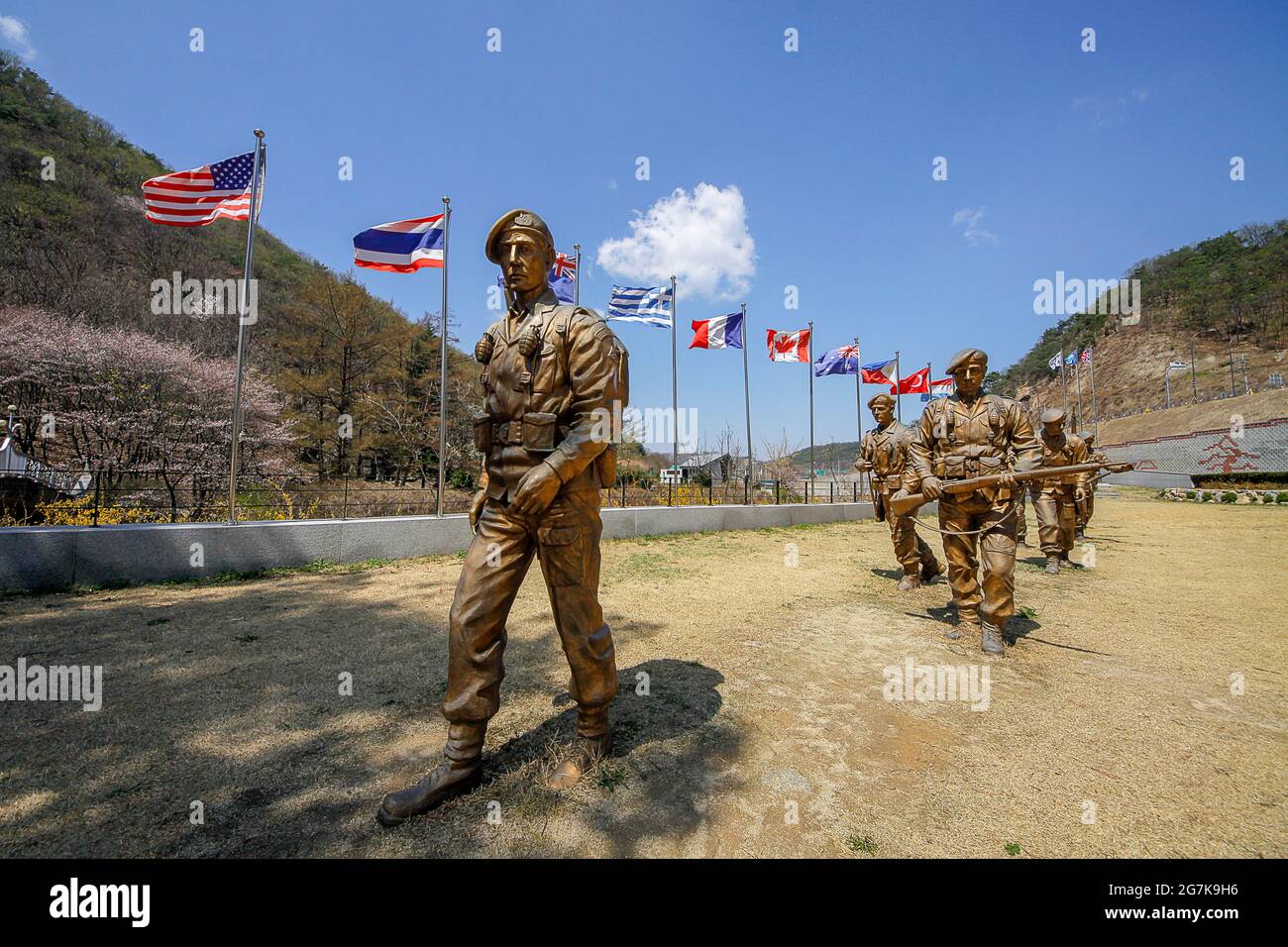 April 11, 2018-Goyang, South Korea-A View of Korean War England contingent monument of Gloster Hill Memorial Park in Paju, South Kroea. The memorial stands at the foot of Gloster Hill beside the Seolmacheon stream, the initial location of the Gloucestershire Regiment's headquarters during the battle at Imjin River. It was built by units of the British and South Korean armed forces as a memorial to the Gloucestershire Regiment and C Troop, 170th Mortar Battery, Royal Artillery. Stock Photo