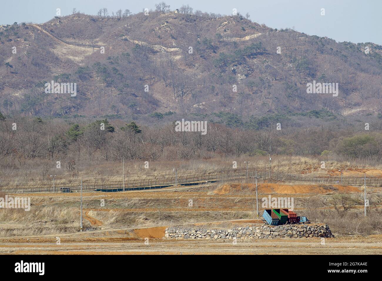 April 11, 2018-Goyang, South Korea-A View of Korean War battle of white horse and the Civilian Control Line in Cheorwon, South Korea. The Battle of White Horse was another in a series of bloody battles for dominant hilltop positions during the Korean War. Baengma-goji was a 395-metre (1,296 ft) hill in the Iron Triangle, formed by Pyonggang at its peak and Gimhwa-eup and Cheorwon at its base, was a strategic transportation route in the central region of the Korean peninsula. White Horse was the crest of a forested hill mass that extended in a northwest-to-southeast direction for about two mile Stock Photo