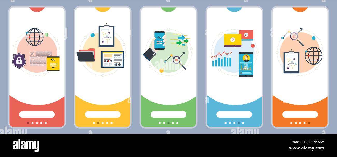 Security, analysis, project, management, performance and development icons. Concepts of security analysis, project management, performance analysis an Stock Vector