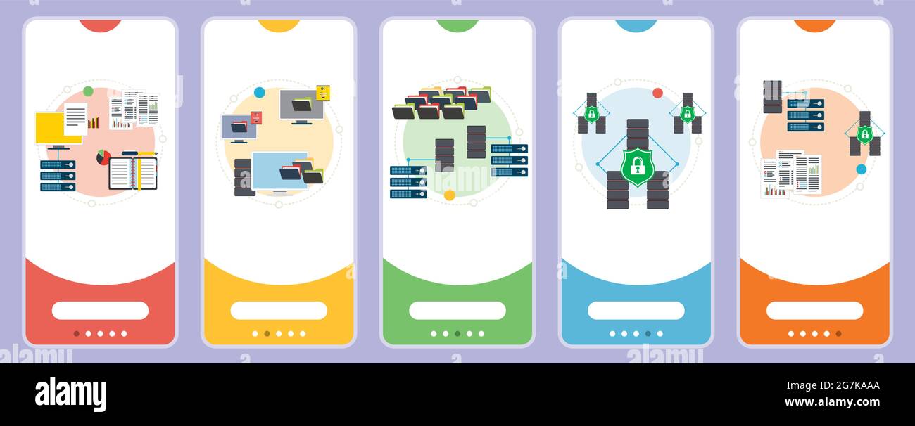 Network, computer, server ,business, technology, database and security icons. Concepts of  data network, computer server, storage technology and datab Stock Vector