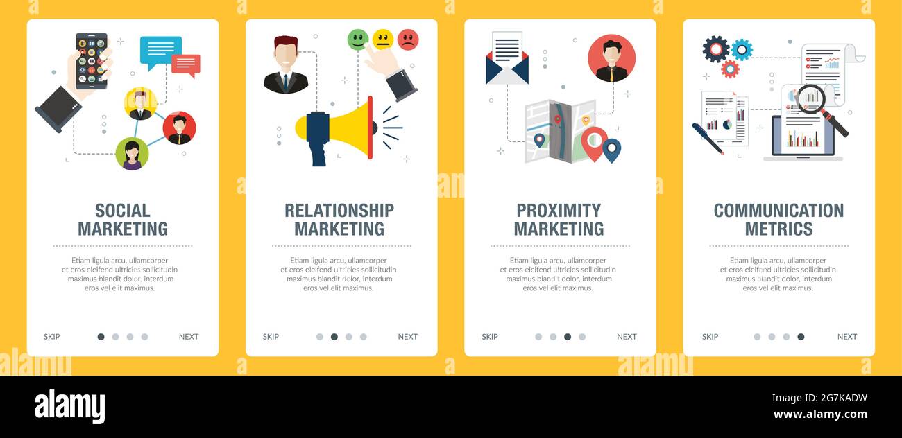 Marketing, communication, social media, relationship and metrics icons. Concepts of social marketing, relationship marketing, proximity marketing and Stock Vector