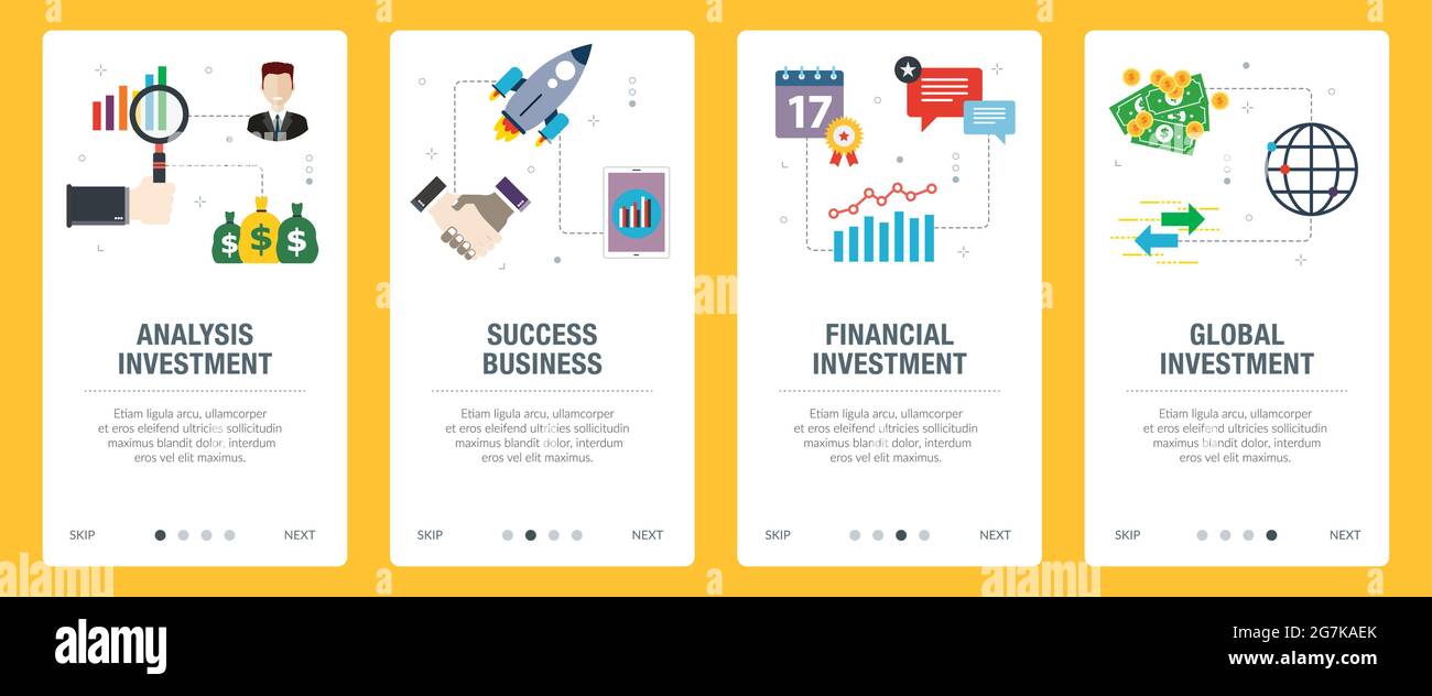 Investment, business,sturtup and financial icons. Concepts of analysis investment, success business, financial investment, global investment.  Web ban Stock Vector