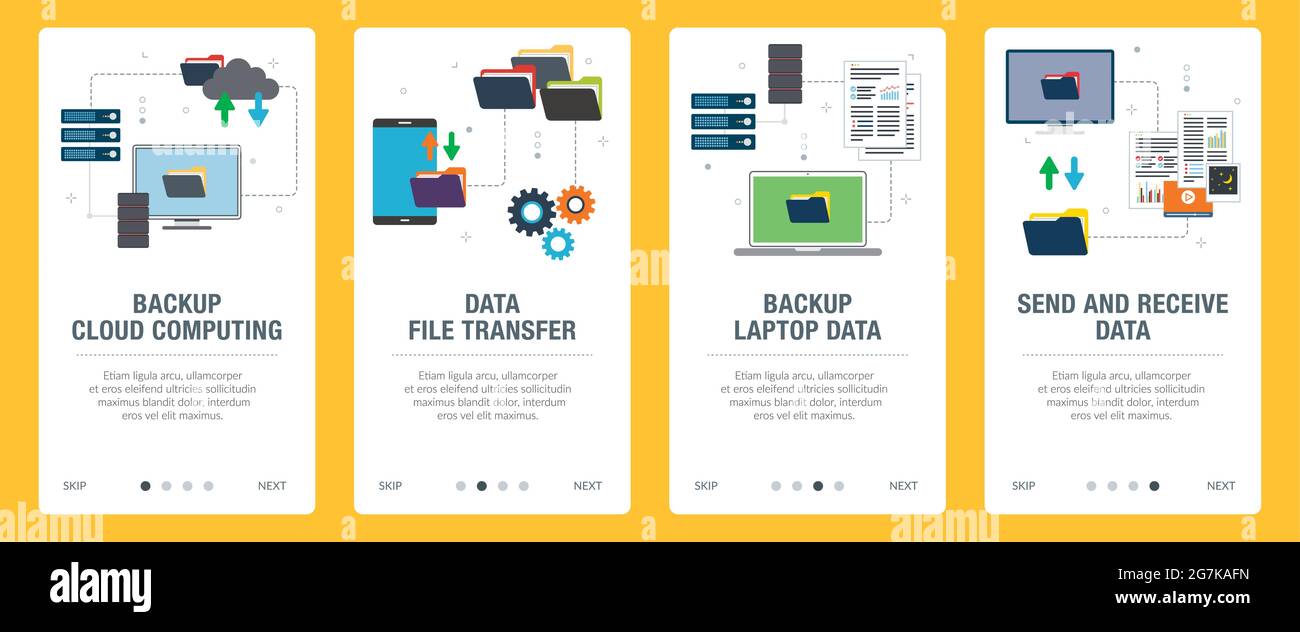 Computer, backup, report, data and cloud computing icons. Concepts of backup cloud computing, backup laptop data, send and receive data. Web banners t Stock Vector