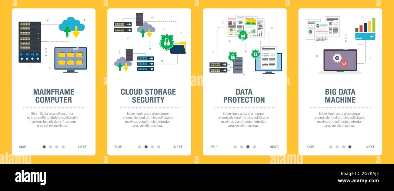 Mainframe, computer, cloud storage, big data, security and protection icons. Concepts of mainframe computer, cloud storage security,  data protection, Stock Vector