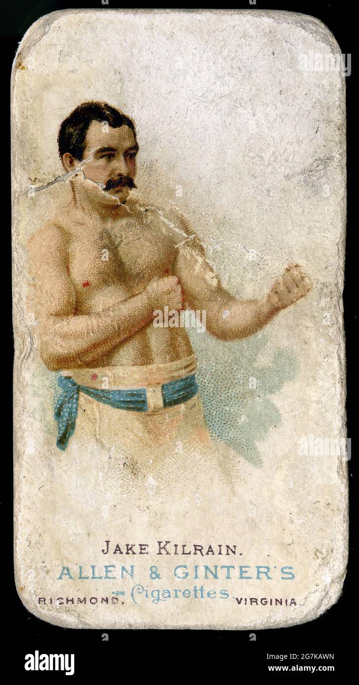 Insert premium trading card depicting British boxing champion Jake Kilrain was included in a pack of Allen and Ginter cigarettes. Stock Photo