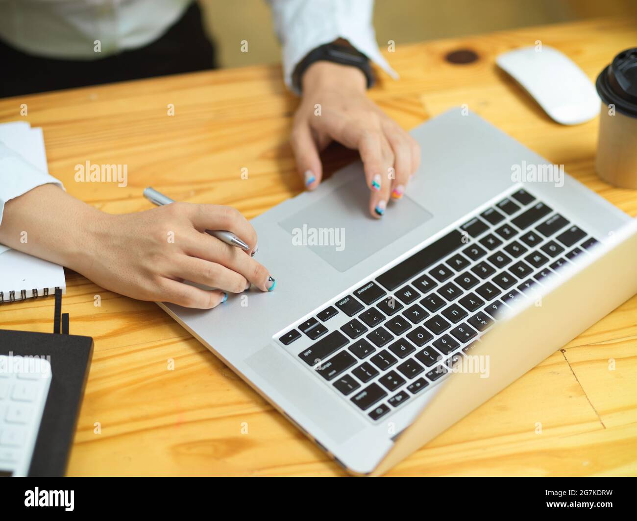 Business female hands using laptop, working on laptop, searching informations, browsing idea on website, close up Stock Photo